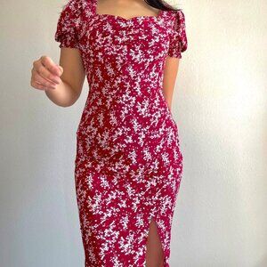 Burgundy Floral Midi Dress with side slit
